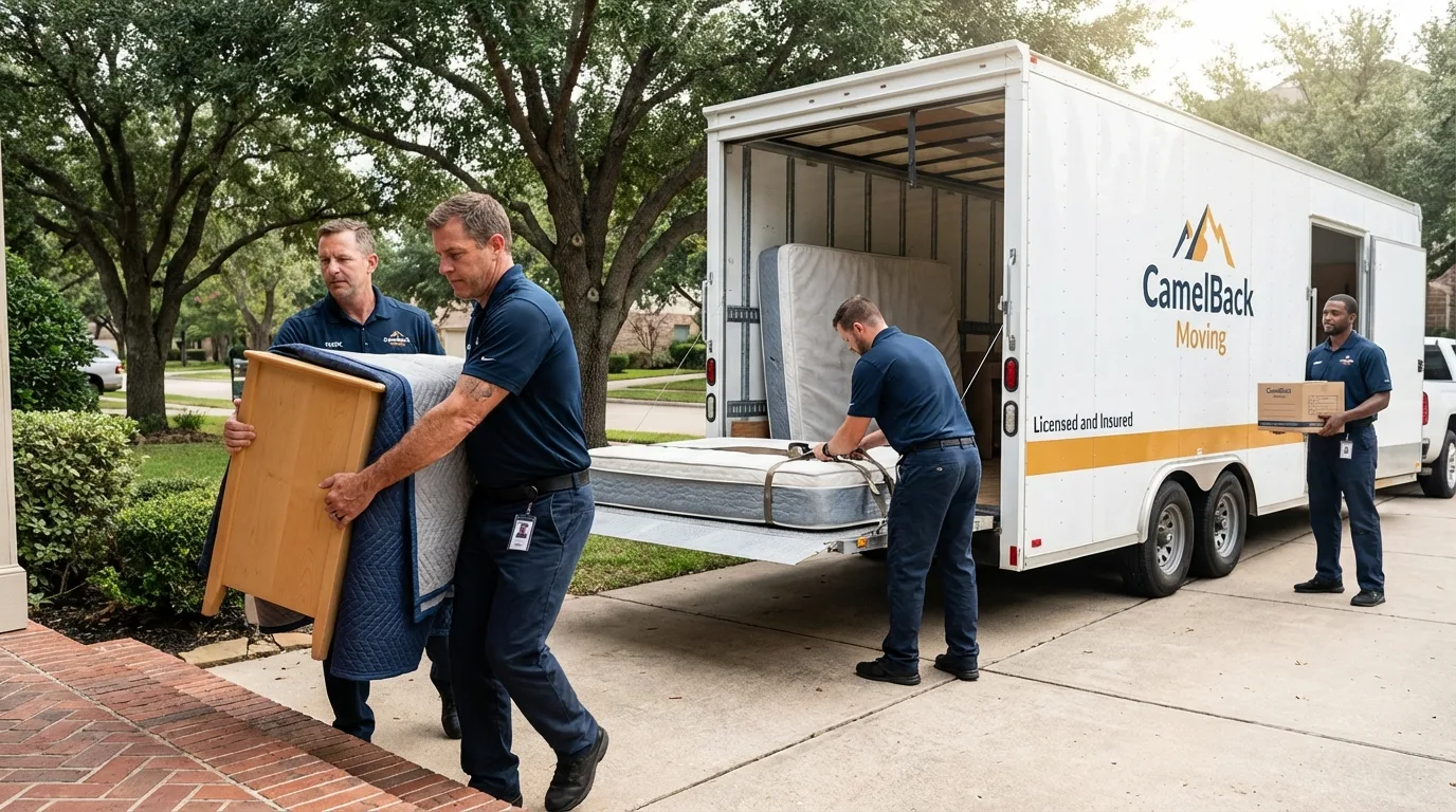 Crew loading residential truck for cross-state move from East Alton, IL