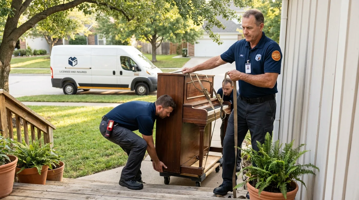 Licensed piano movers securing grand piano in East Alton, IL