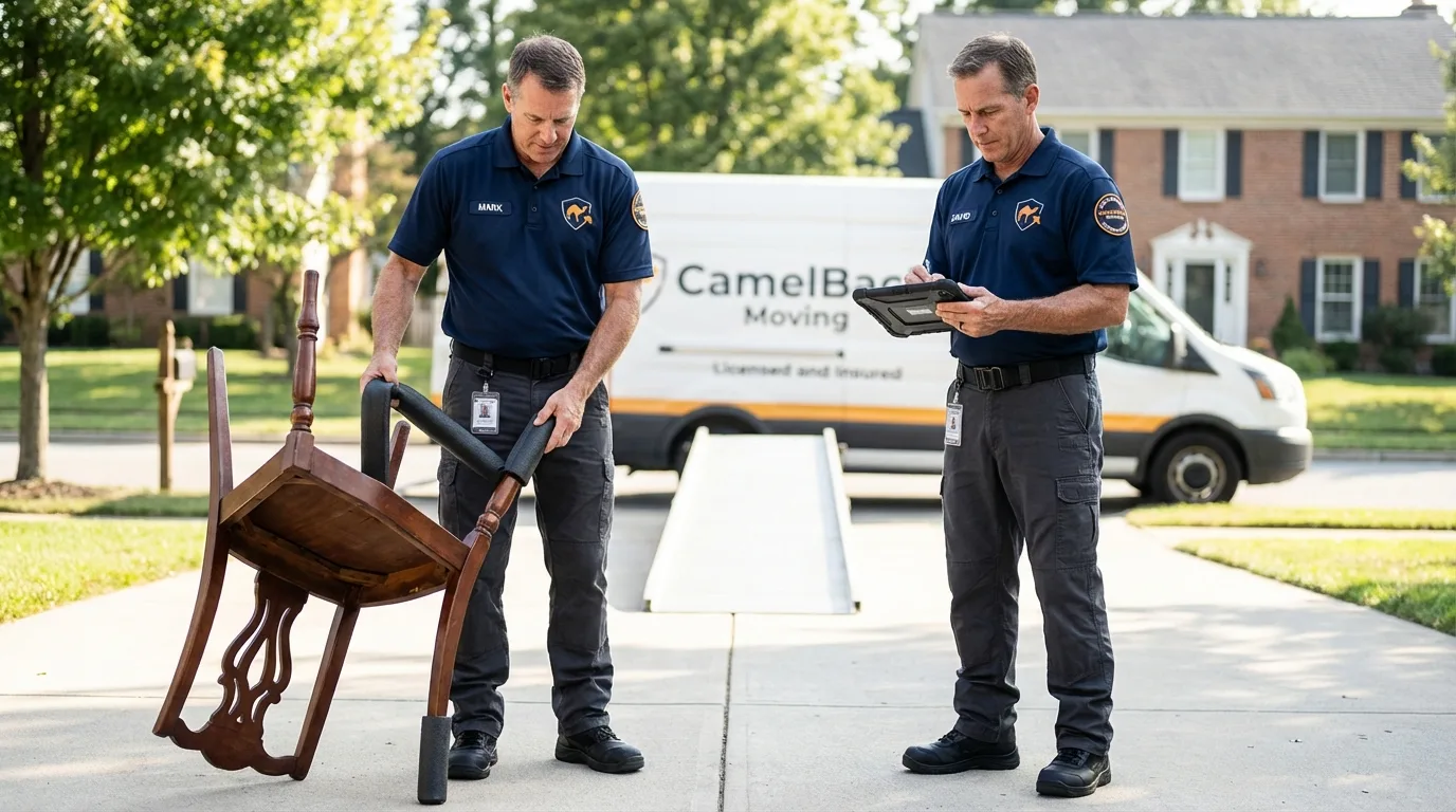 Movers inspecting furniture for damage prevention before loading in East Alton, IL
