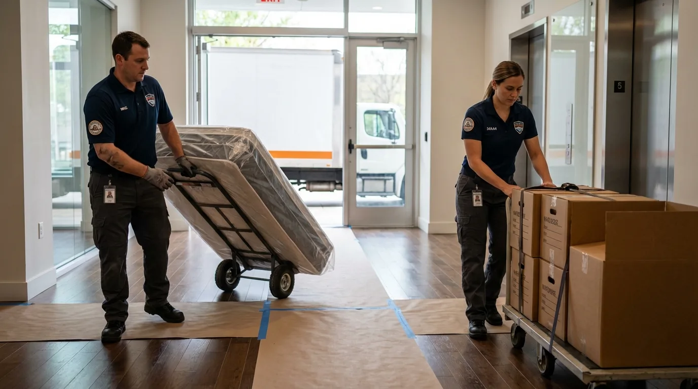 Professional apartment movers loading elevator in East Alton, IL