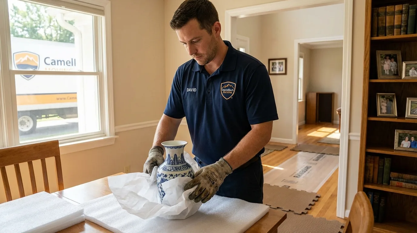 Professional crew carefully wrapping antique vase for senior downsizing move in East Alton, IL